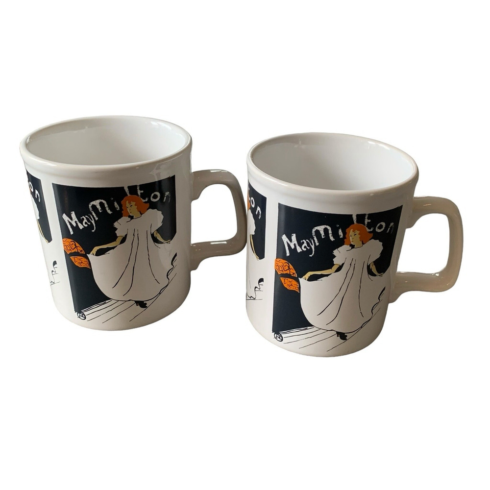Set of 2 Kilncraft May Mitton Toulouse-Lautrec Lithograph Vintage Mugs Ironstone